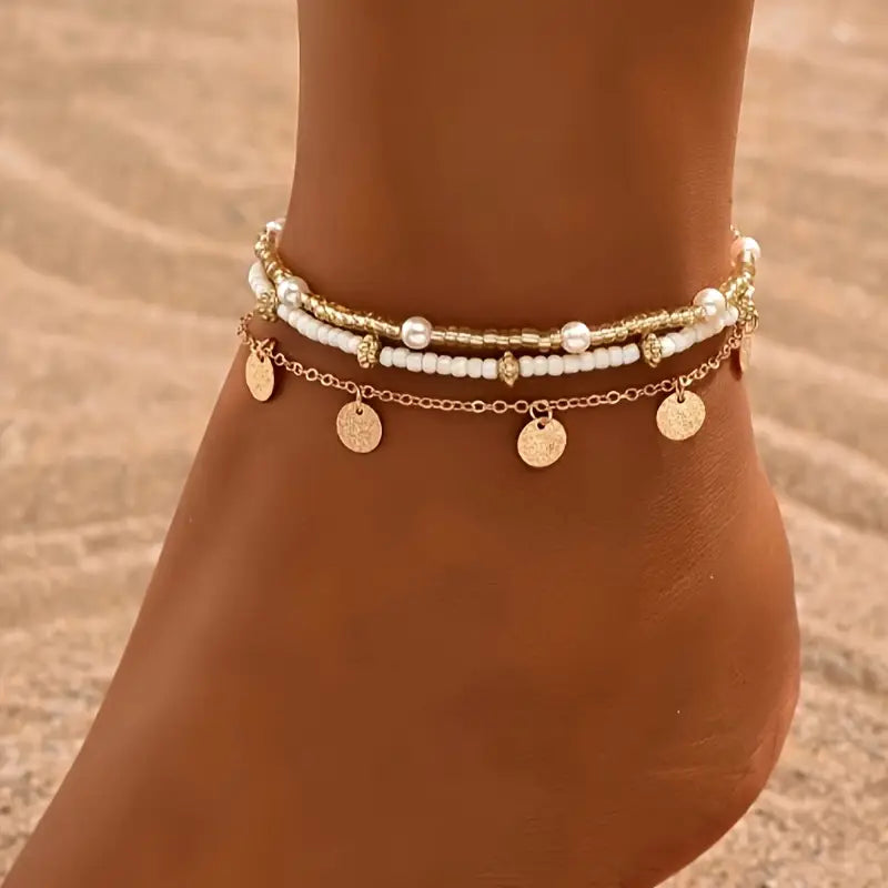 Coastal Charm 3-teilige geschichtete Fußkettchen-Set | Gold