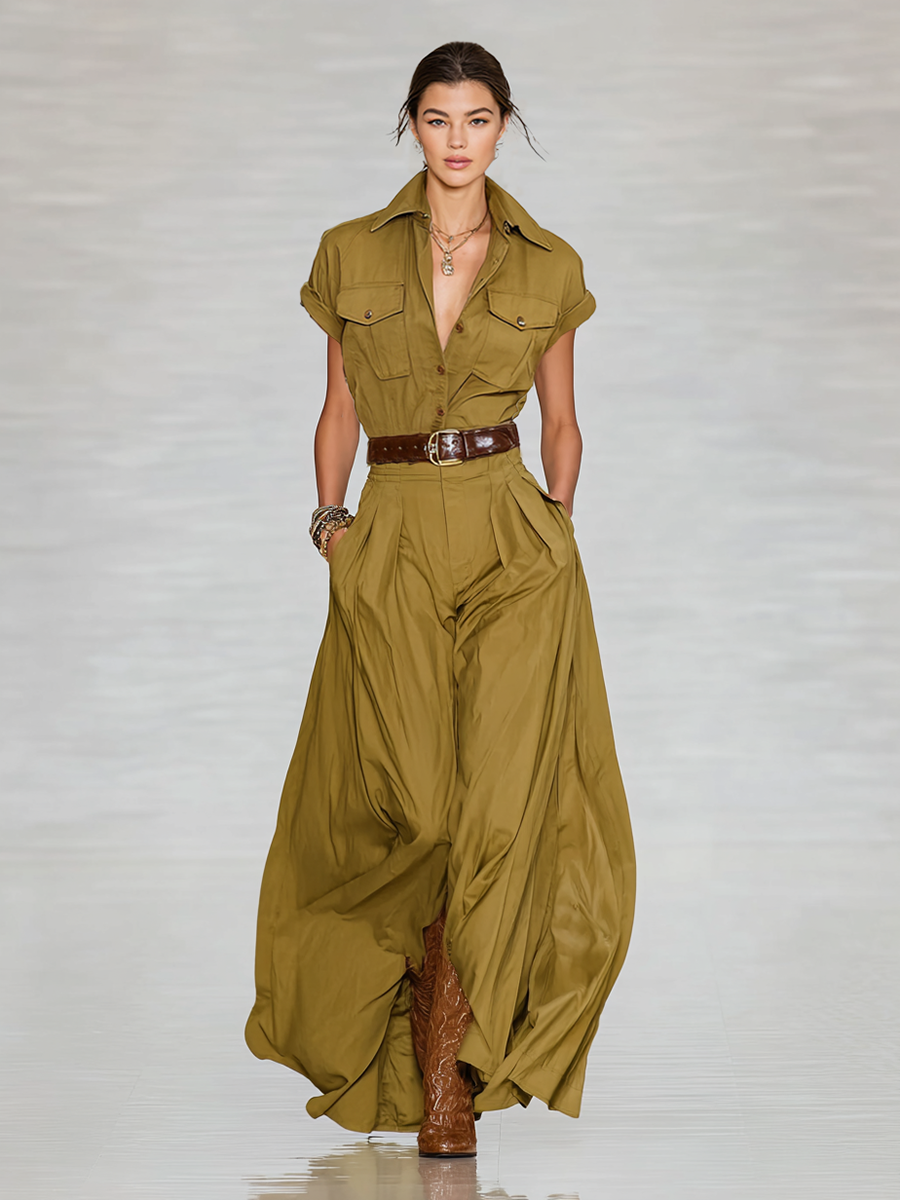 Damen Maxikleid aus Baumwollmischung mit Reverskragen, einreihiger Knopfleiste und kurzen Ärmeln im Hemdstil