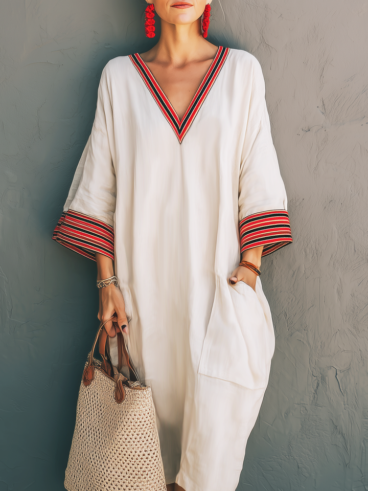 Women's Elegant White Cotton Linen V-neck Embroidered Mid-sleeve Loose Long Dress