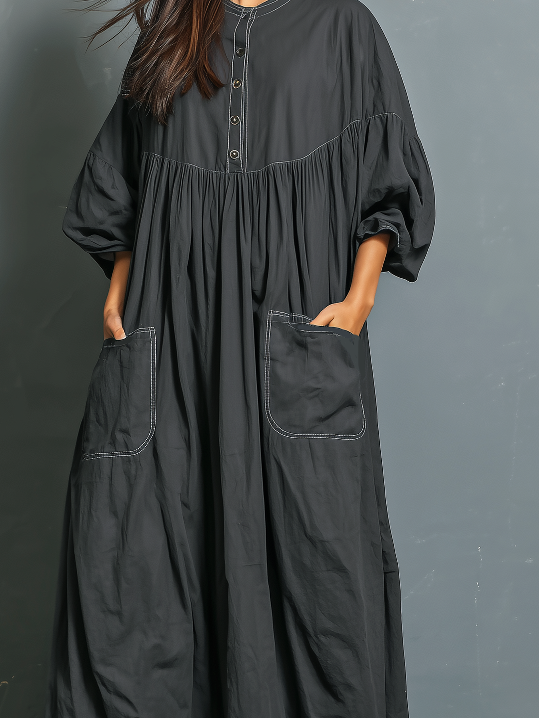 Vestido largo suelto de manga media con cuello redondo tejido gris oscuro casual para mujer