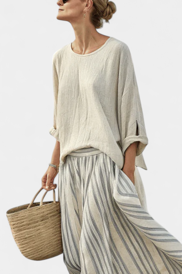 Aurcyn | Comfortable Loose Blouse & Striped Midi Skirt
