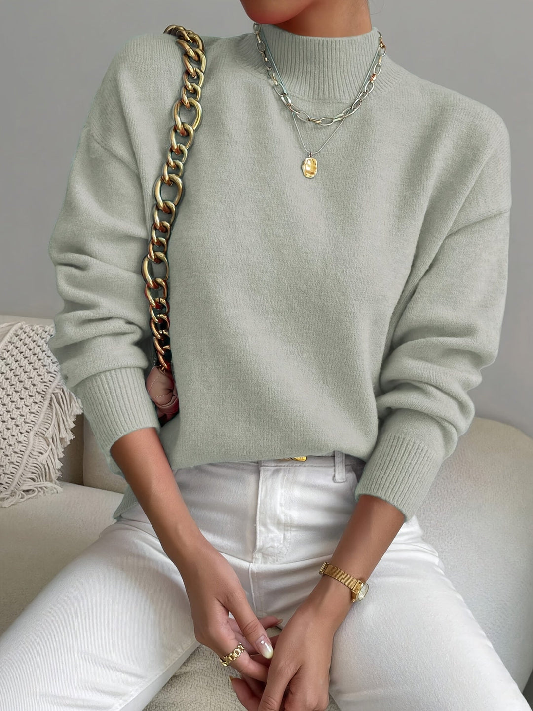 Comfortable Knit Sweater for Women with Mock Neck Long Sleeve Relaxed Oversized Style