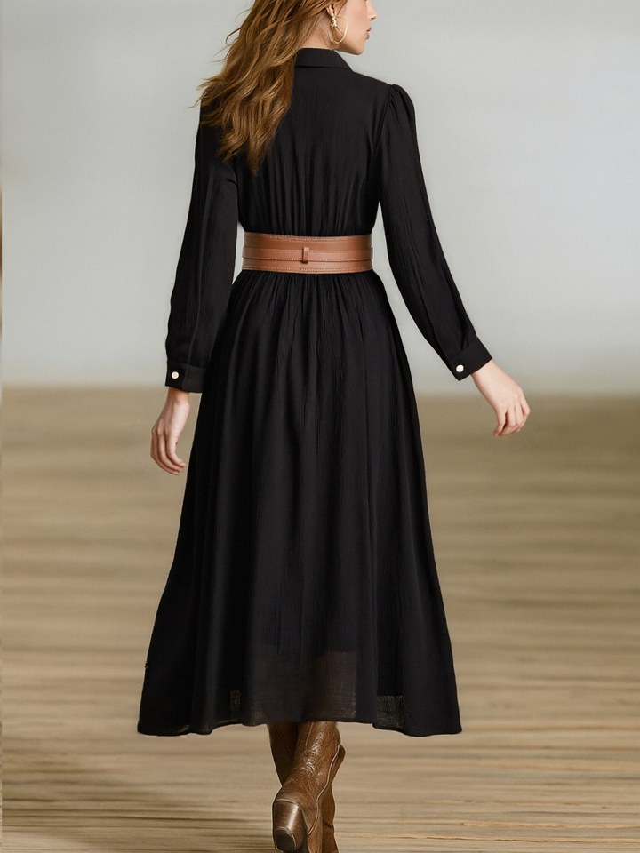 Maxivestido Plisado de Solapa con Botones y Manga Larga de Imitación Algodón y Lino para Mujer