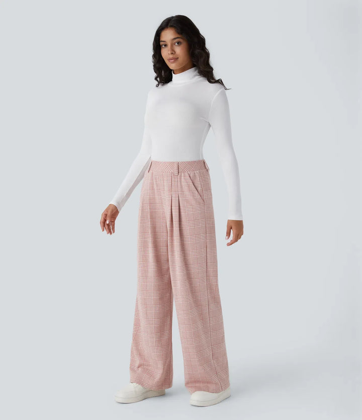 High Waisted Pocket Wide Leg Houndstooth Plaid Casual Pants