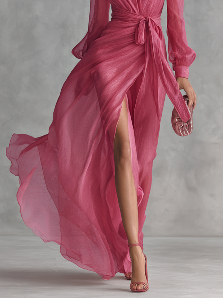 hot pink chiffon dress Hot Pink Chiffon A Line Long Wedding Guest Dress with Slit
