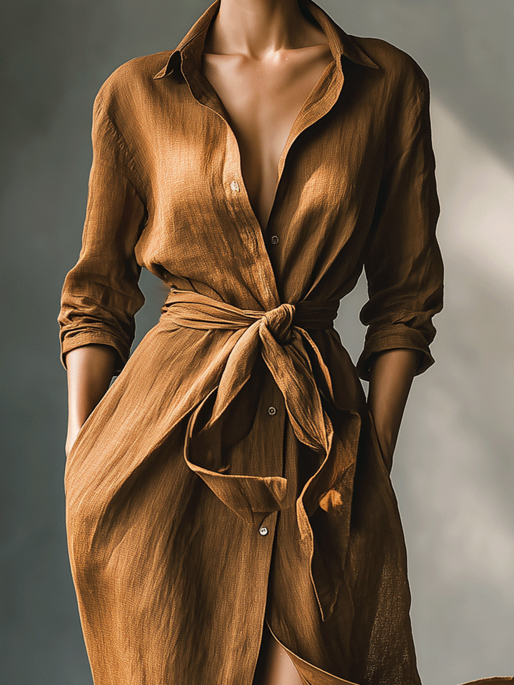 Damen Vintage Maxikleid im Braun-Mix mit Hemdoptik