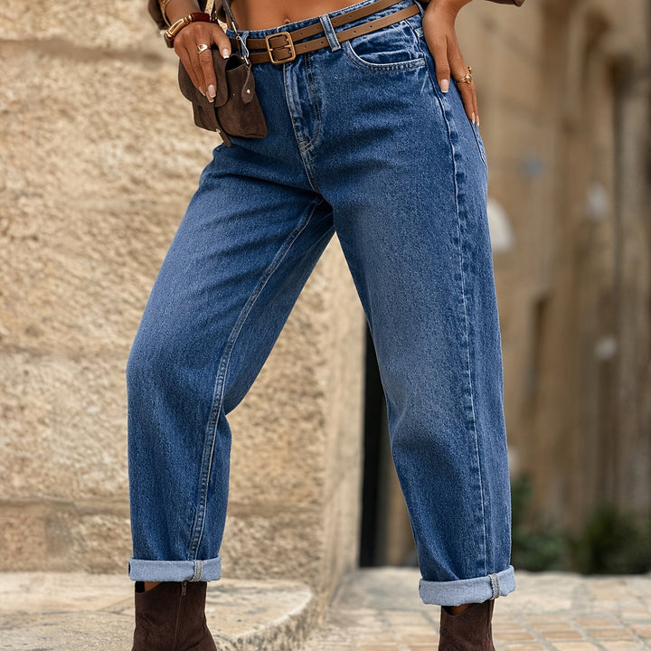 Effortless Deep Blue Relaxed Mom Jeans for Women with High Waist Cuffed Straight Leg