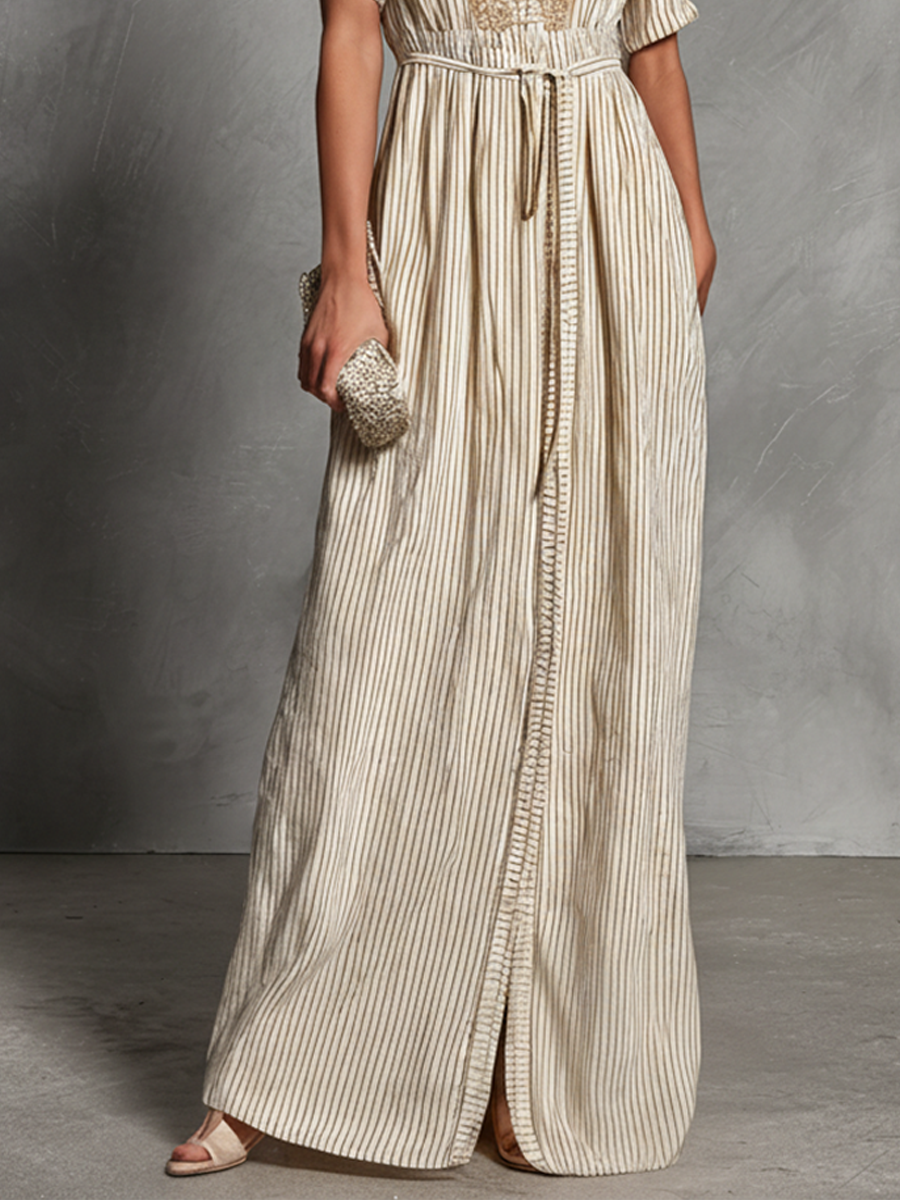 Vestido maxi de cuello en V y manga corta con diseño de dos piezas de imitación a rayas beige para mujer