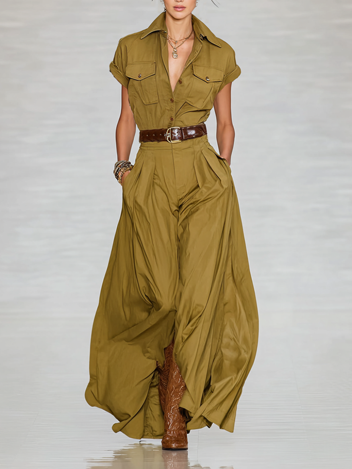 Damen Maxikleid aus Baumwollmischung mit Reverskragen, einreihiger Knopfleiste und kurzen Ärmeln im Hemdstil