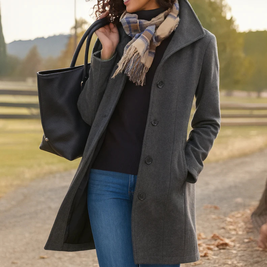 Elegant Wool Coat for Women with Notch Collar Long Sleeve Button Front Tailored Style