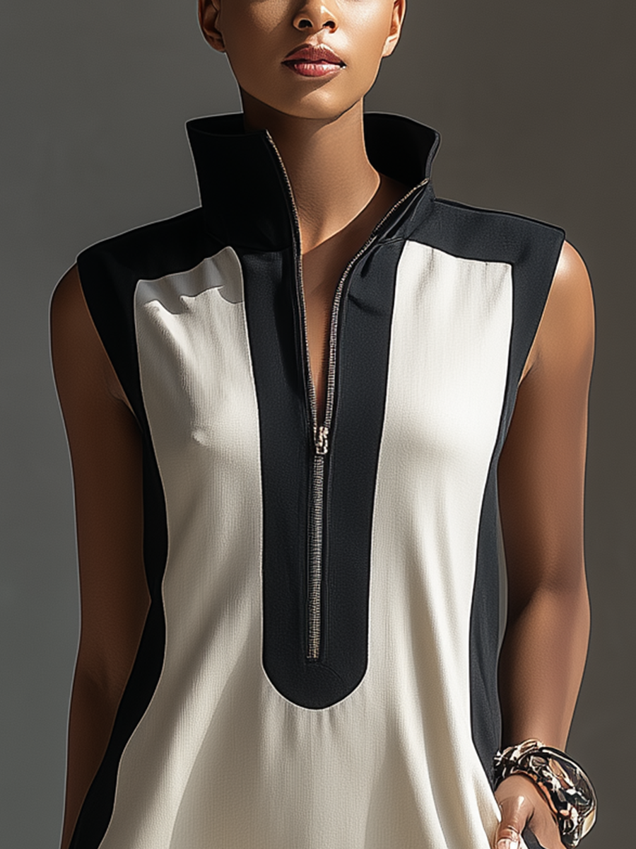 Minivestido blanco y negro con cuello alto y media cremallera para mujer