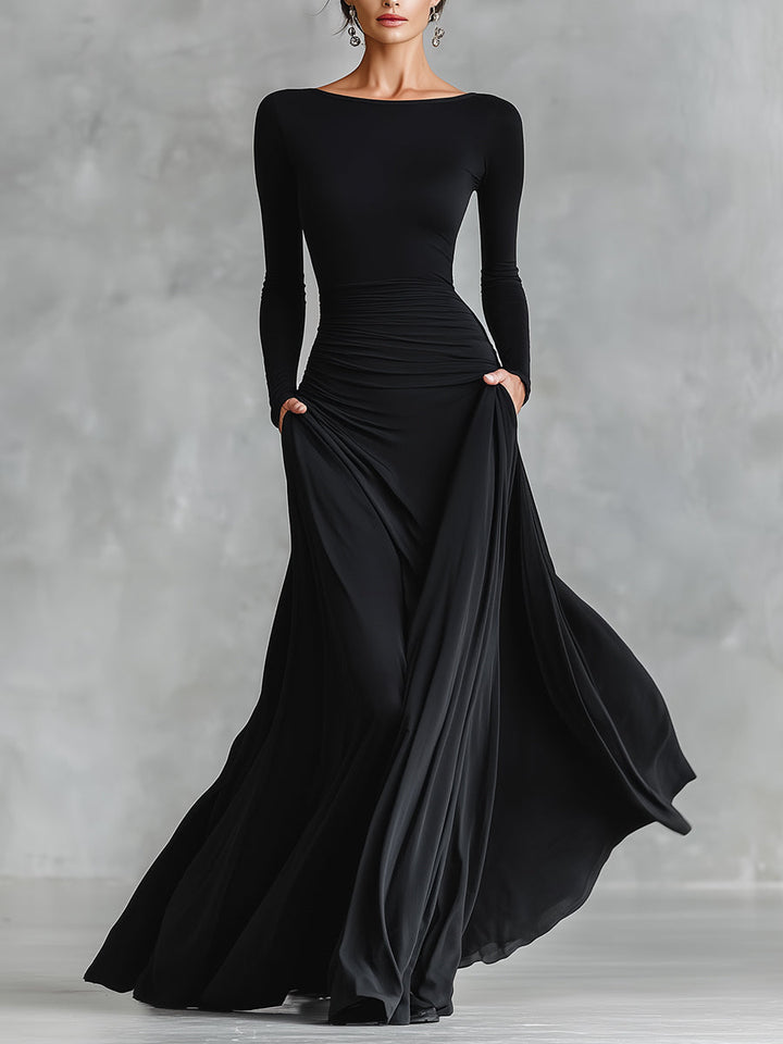 Damen Schwarzes modernes Maxikleid aus Crêpe mit gerafftem Bootsausschnitt MDA1472J7I