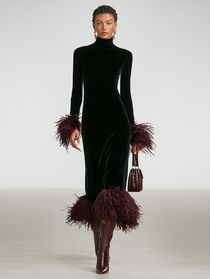 Vestido maxi de retazos de terciopelo minimalista con puños de plumas de avestruz de imitación y dobladillo para mujer MDA1174J9Y