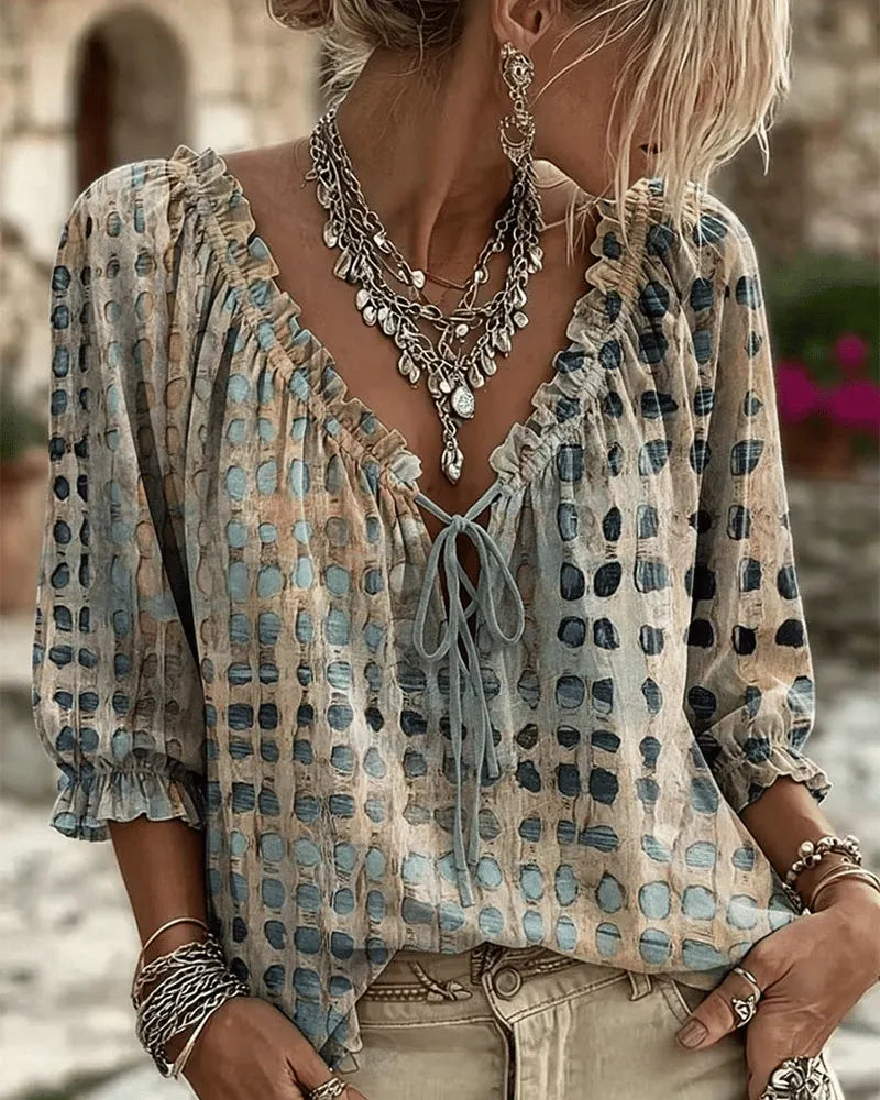Lace Up V Neck Blouse for Women – Soft Touch Casual Top, Relaxed Boho Shirt in 8 Colors