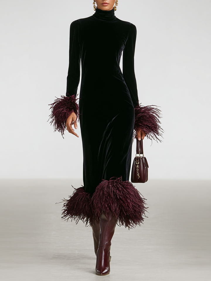 Vestido maxi de retazos de terciopelo minimalista con puños de plumas de avestruz de imitación y dobladillo para mujer MDA1174J9Y