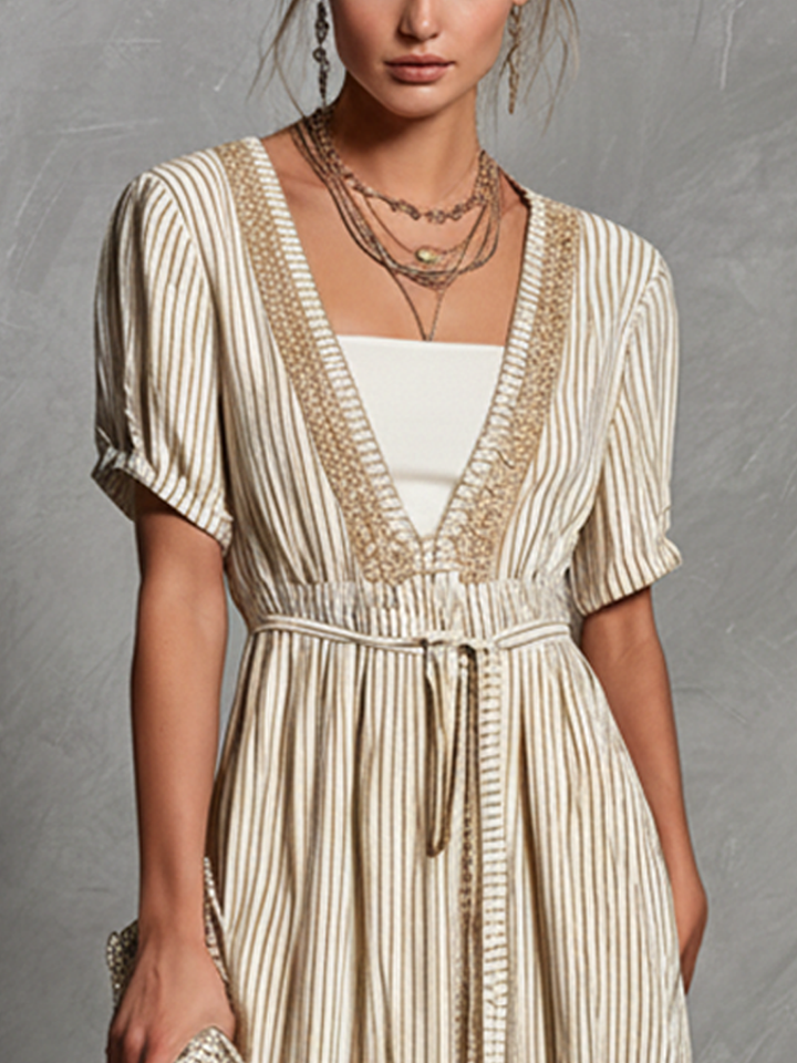 Vestido maxi de cuello en V y manga corta con diseño de dos piezas de imitación a rayas beige para mujer