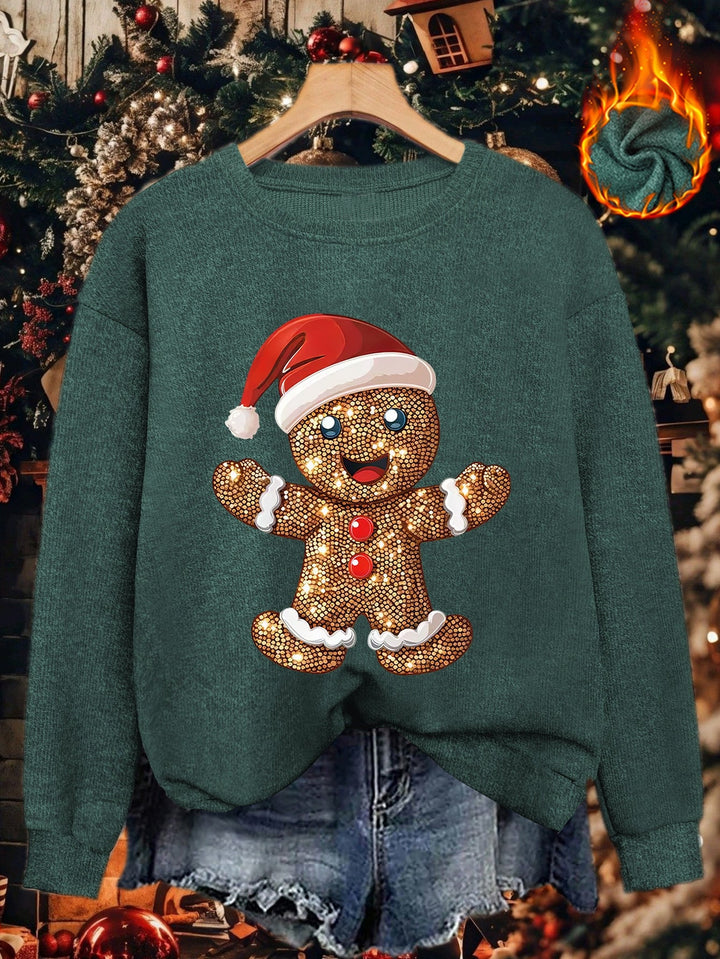 Comfortable Gingerbread Print Christmas Tacky Sweater for Women with Crew Neck Long Sleeve Sequin Graphic Pullover Style