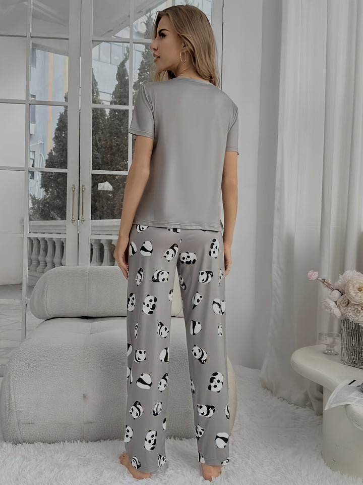 Comfortable Grey Pajamas for Women with Panda Print Short Sleeve Two Piece