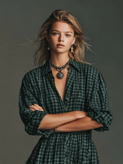 Vestido largo camisero de cuadros de manga larga para mujer
