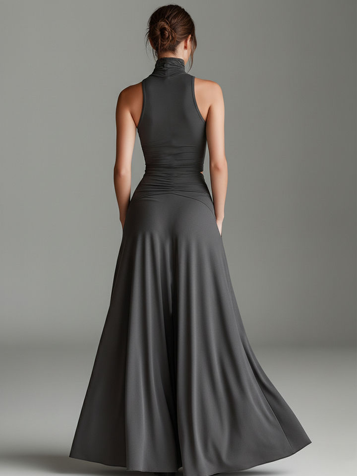 Robe en maille stretch gris charbon pour femme avec col roulé dos nu et taille découpée, robe élégante minimaliste intemporelle