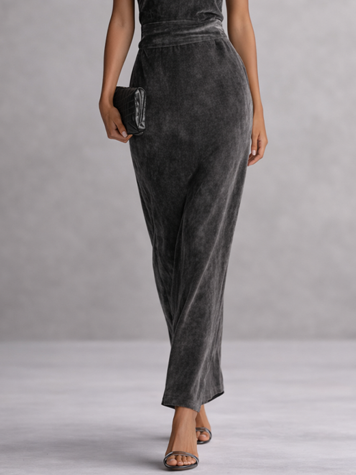 Damen graues Samtkleid mit quadratischem Ausschnitt, Spaghettiträgern und hoher Taille