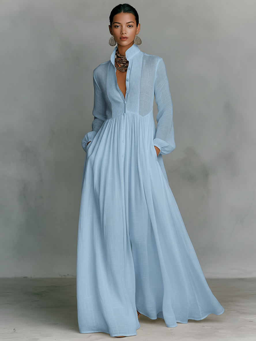 Damen minimalistisches Maxikleid aus Baumwoll-Leinen-Patchwork mit einreihiger Knopfleiste und Stehkragen, langärmlig MDA0658K6Y