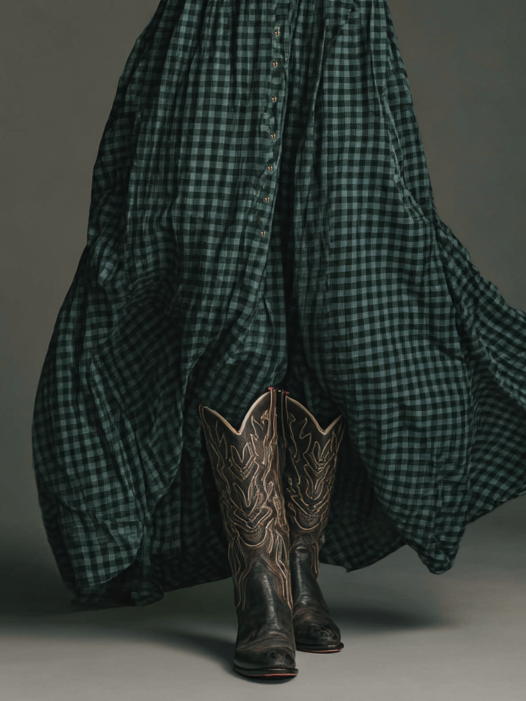 Vestido largo camisero de cuadros de manga larga para mujer