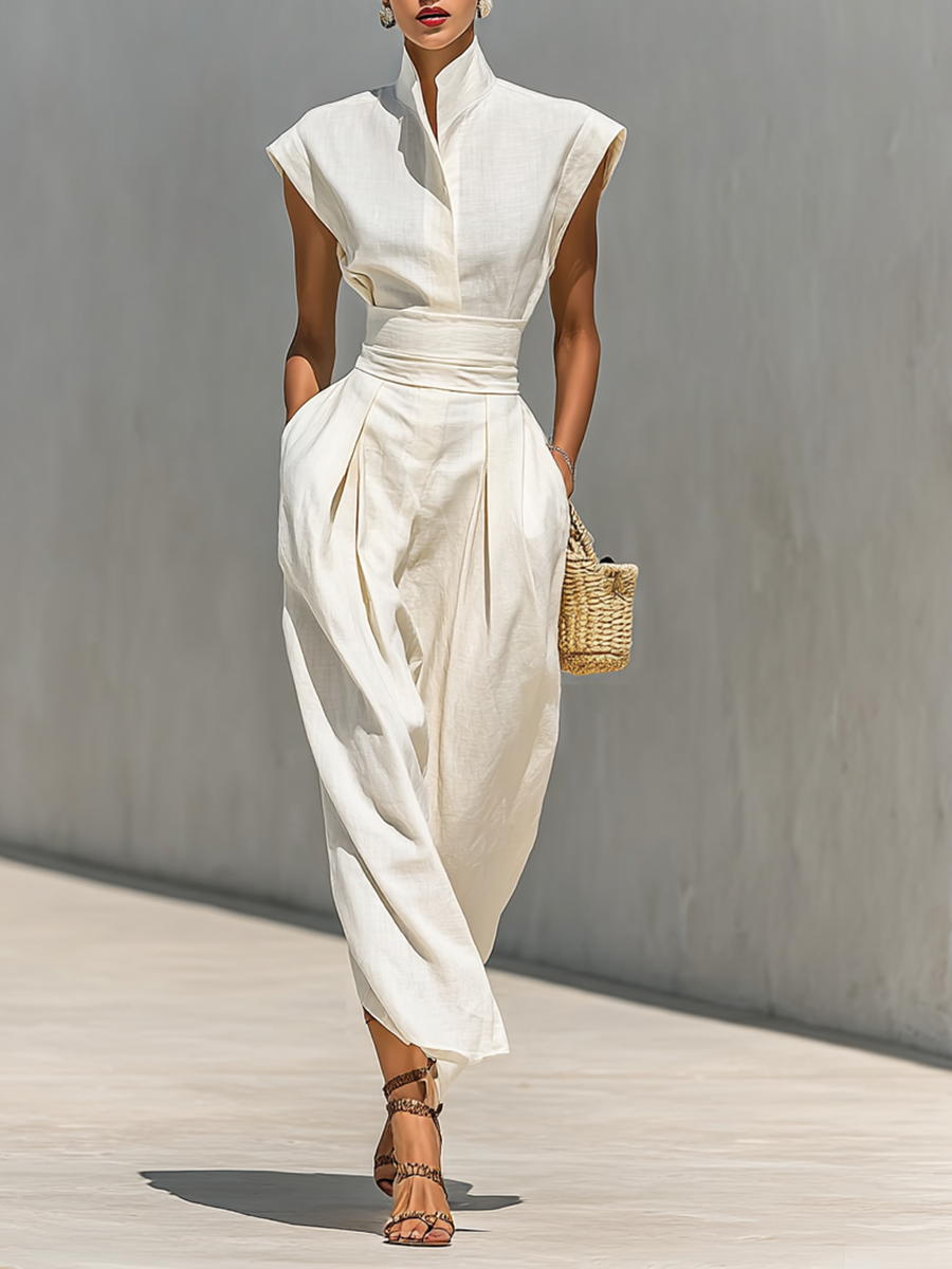 Damen Reines Baumwoll Maxikleid mit Revers, Kappärmeln und Taillierung