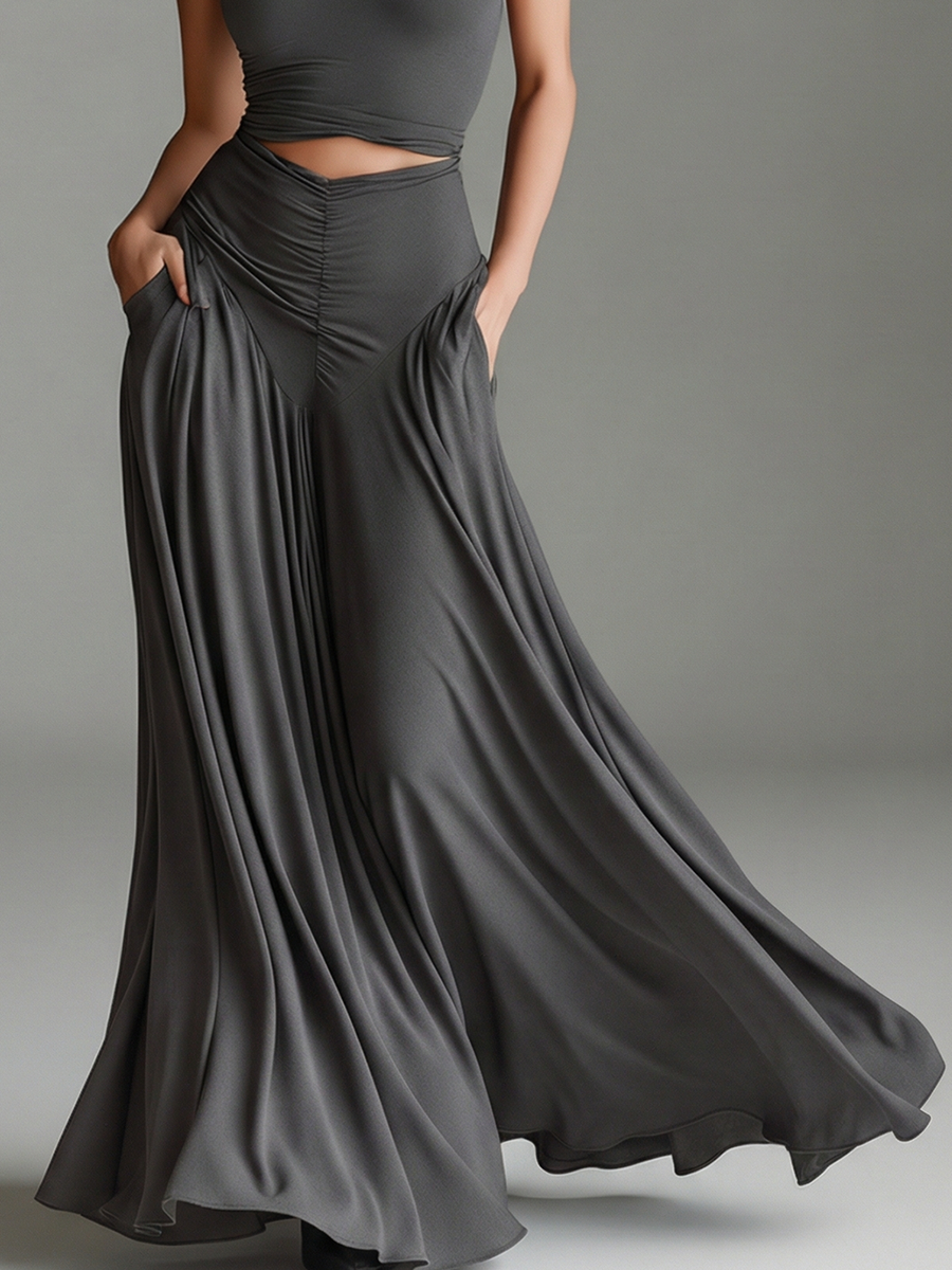 Robe en maille stretch gris charbon pour femme avec col roulé dos nu et taille découpée, robe élégante minimaliste intemporelle