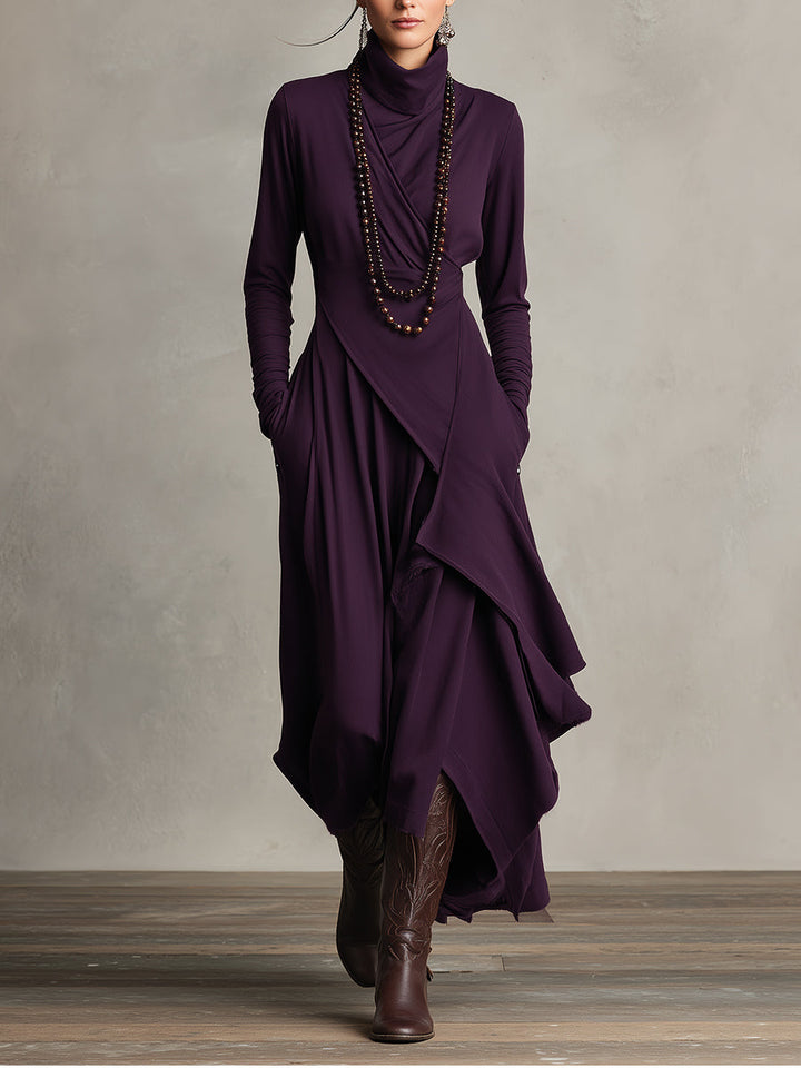 Women's Purple Bohemian Cotton Stretch Turtleneck Asymmetrical Draped Maxi Dress