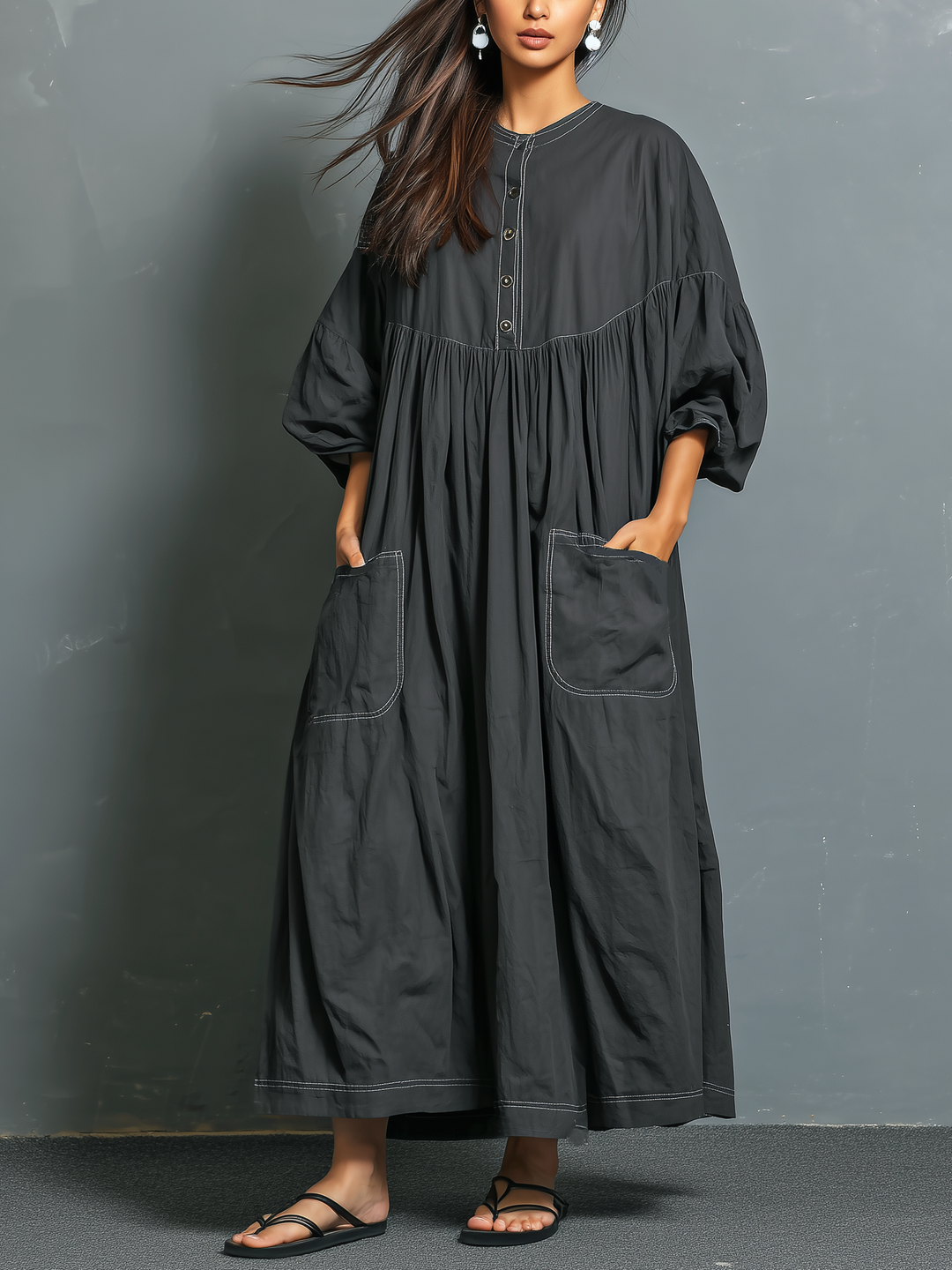 Vestido largo suelto de manga media con cuello redondo tejido gris oscuro casual para mujer