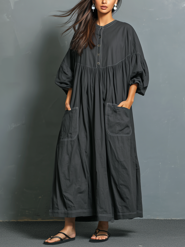 Vestido largo suelto de manga media con cuello redondo tejido gris oscuro casual para mujer