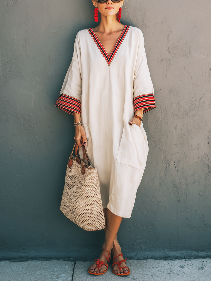 Women's Elegant White Cotton Linen V-neck Embroidered Mid-sleeve Loose Long Dress