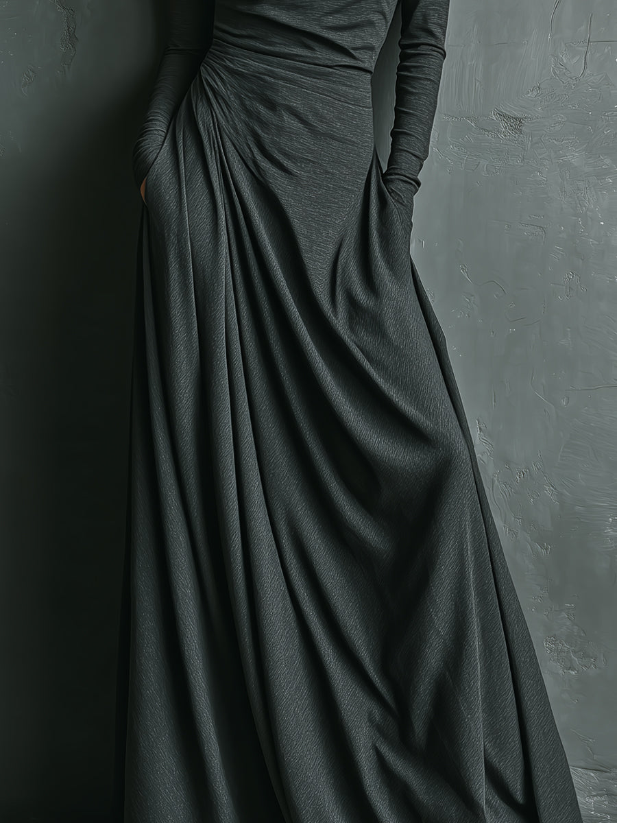 Robe maxi élégante en mélange polyester-coton stretch charbon à col roulé drapé pour femme