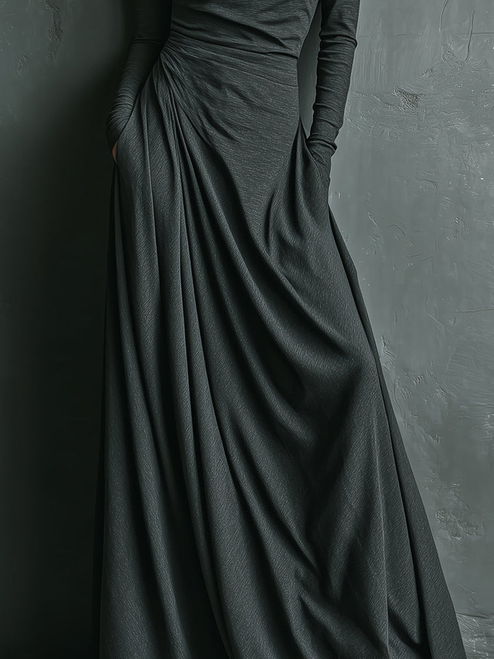 Robe maxi élégante en mélange polyester-coton stretch charbon à col roulé drapé pour femme