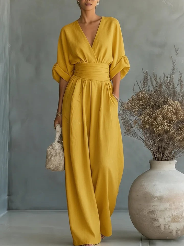 Elegant Wrap Jumpsuit for Women – Long Wide Leg Maxi Jumpsuit, Dressy One Piece Outfit for Summer and Evening