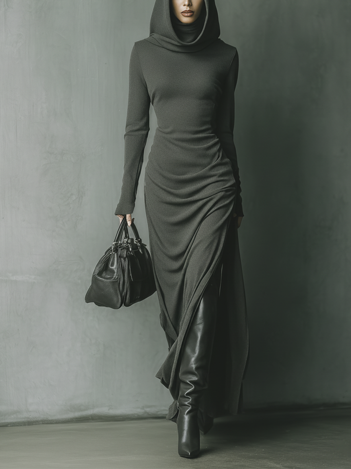 Women's Dark Grey High Elastic Knitted Hooded Maxi Dress