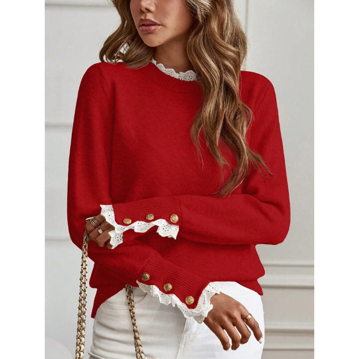 Comfortable Lace Trim Sweater for Women with High Neck Long Sleeve Button Cuff Relaxed Knit Style