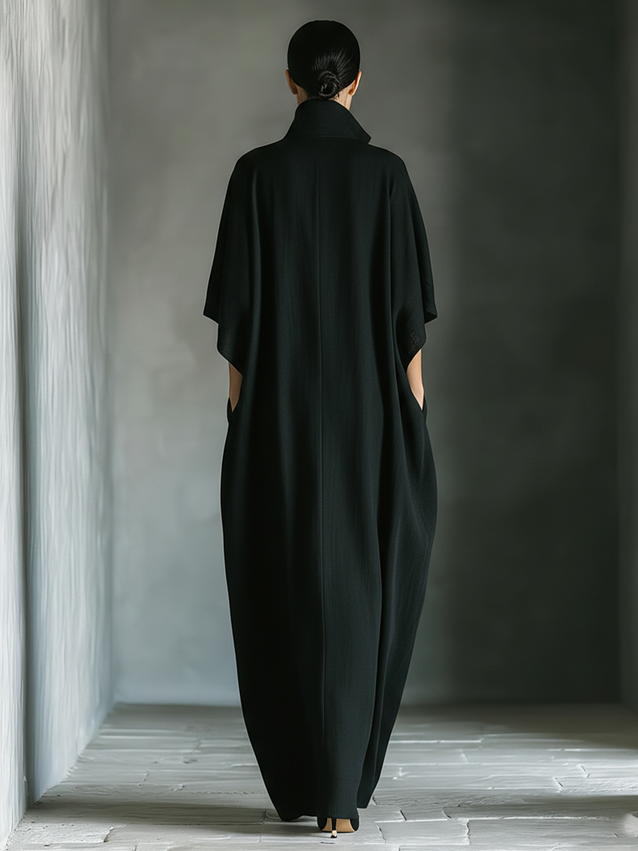 Maxivestido Oversize de Manga Kimono de Tela de Mezcla de Algodón Negro con Bolsillos para Mujer