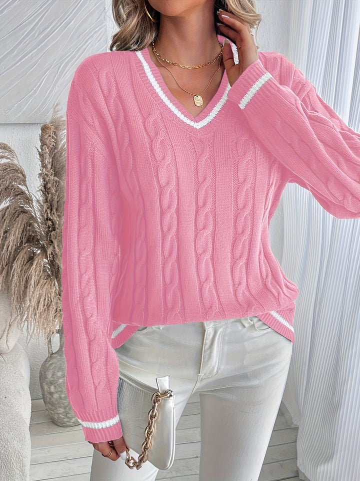 Comfortable Cable Knit Sweater for Women with V Neck Long Sleeve Striped Trim Oversized Knit Style