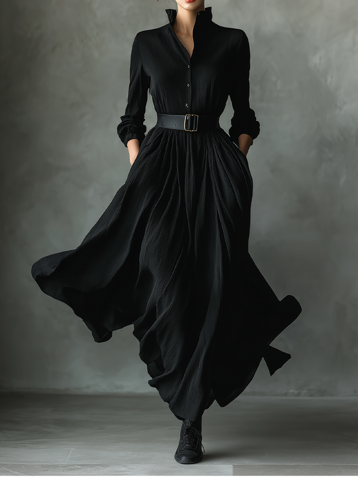 Vestido largo vintage plisado texturizado de mezcla de algodón negro para mujer