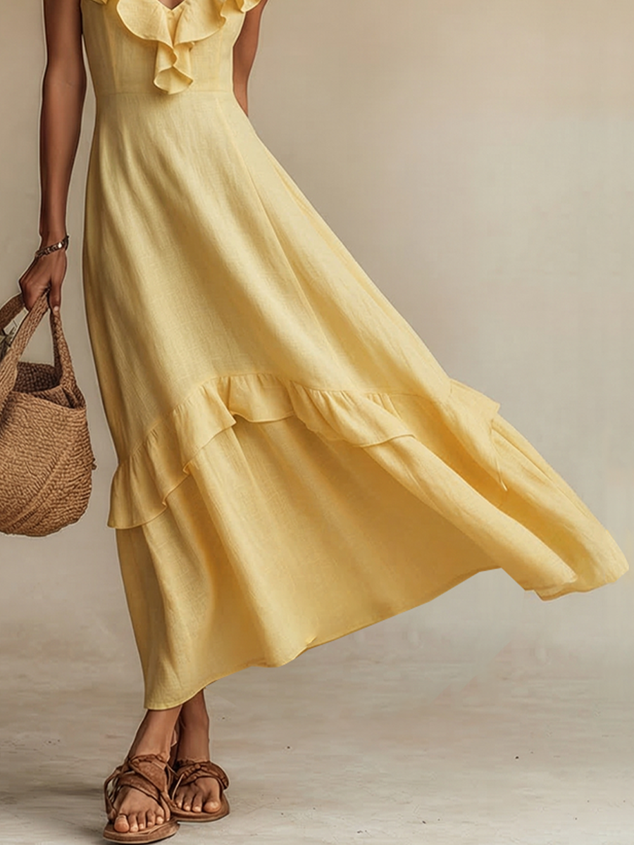 Vestido Feminino Amarelo em Linho com Decote V com Babados e Barra com Babados, Estilo Boho Resort Atemporal