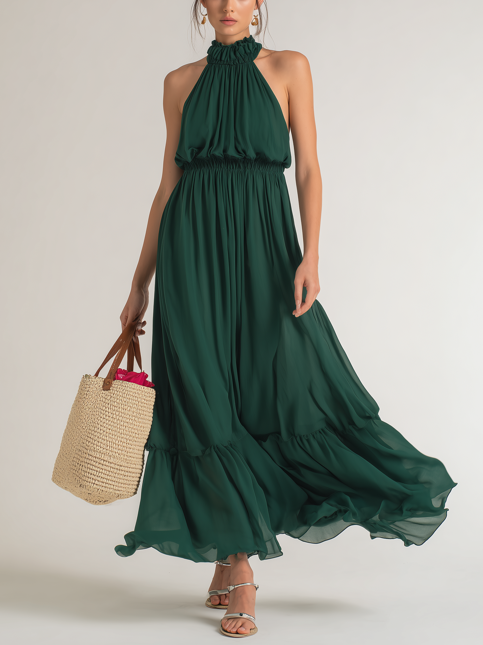 Elegantes dunkelgrünes Chiffon-Kleid für Damen mit Rundhalsausschnitt und ärmellos, lang