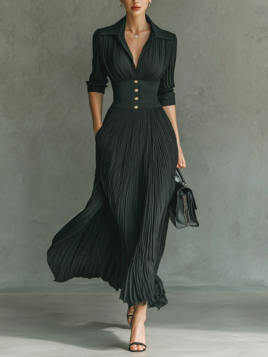Damen Maxikleid in Uni mit plissiertem Revers, Taillierung und langen Ärmeln MDA0826G1Y