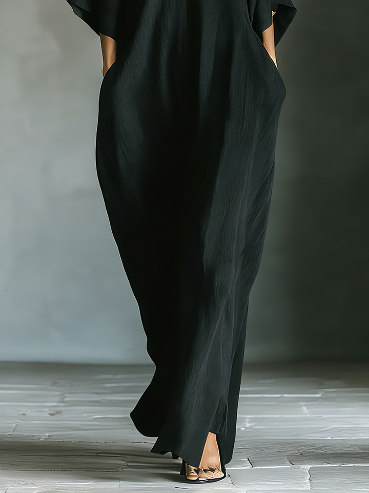 Maxivestido Oversize de Manga Kimono de Tela de Mezcla de Algodón Negro con Bolsillos para Mujer