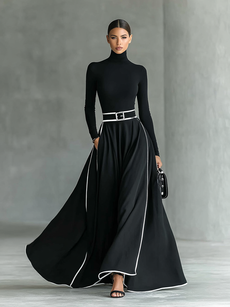 Robe maxi noire pour femme, coutures avec bordure blanche, col haut, manches longues, ceinture serrée