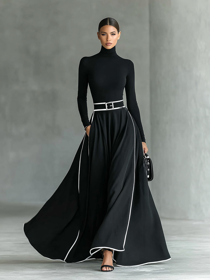Robe maxi noire pour femme, coutures avec bordure blanche, col haut, manches longues, ceinture serrée