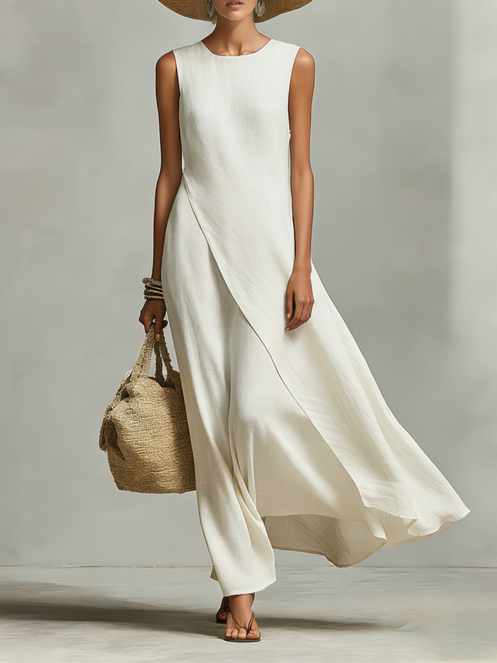 Vestido Feminino Marfim em Linho Respirável com Detalhe Sem Mangas e Barra Assimétrica, Estilo Casual-Feminino Contemporâneo
