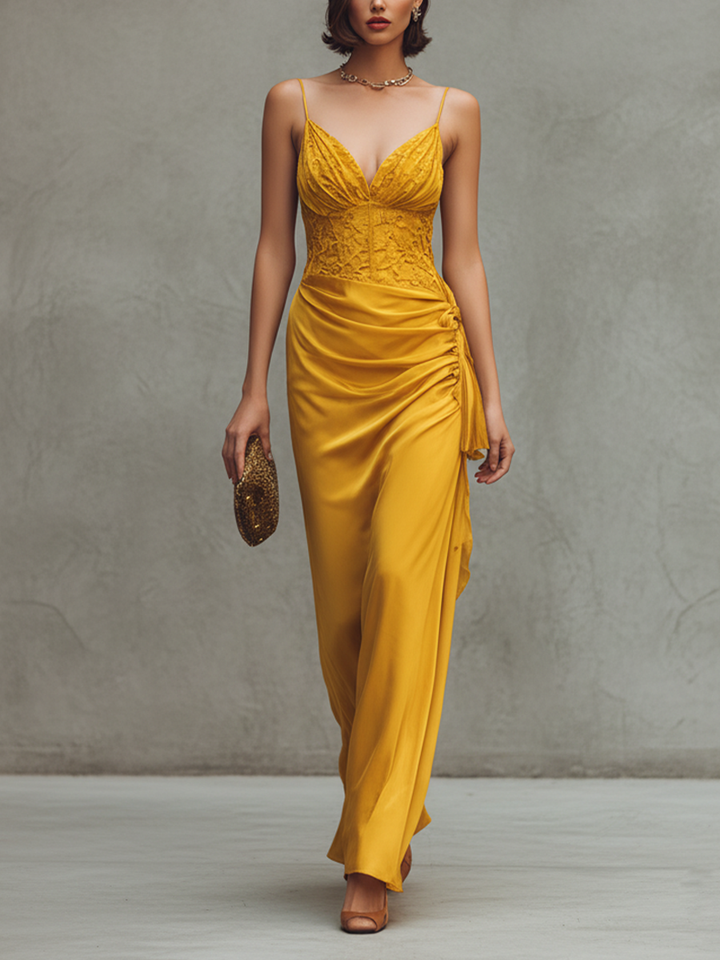 Women's Yellow Stretch Satin And Lace Spaghetti Strap Maxi Dress