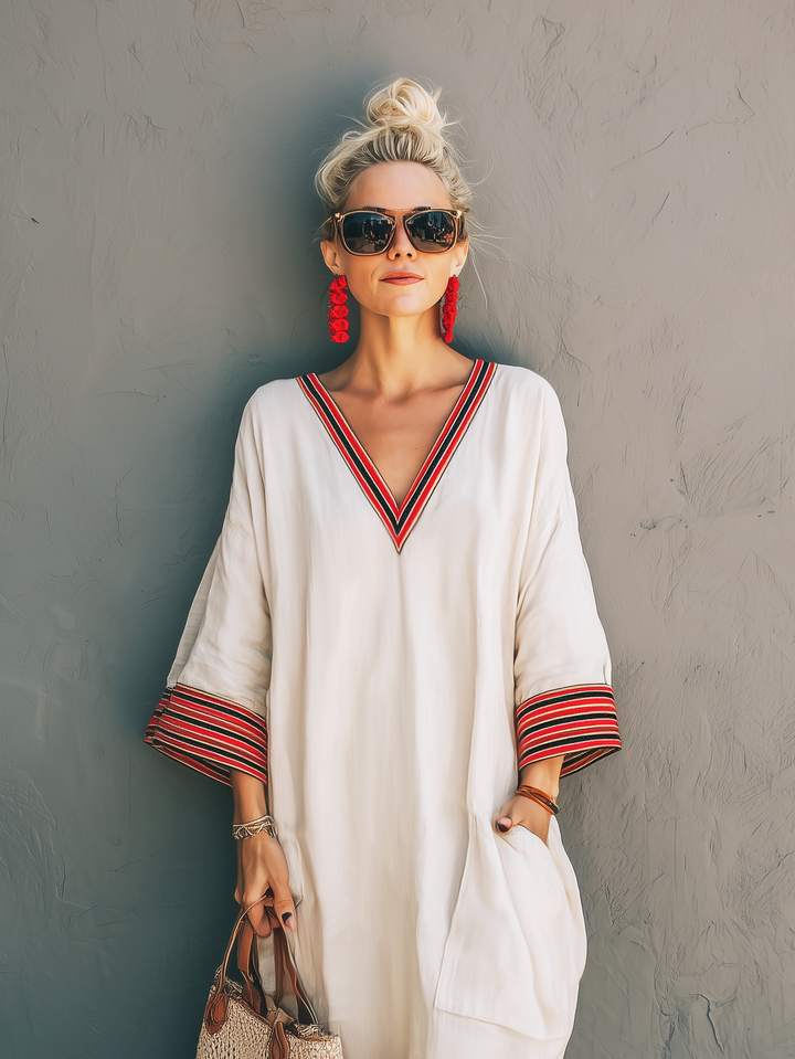 Women's Elegant White Cotton Linen V-neck Embroidered Mid-sleeve Loose Long Dress